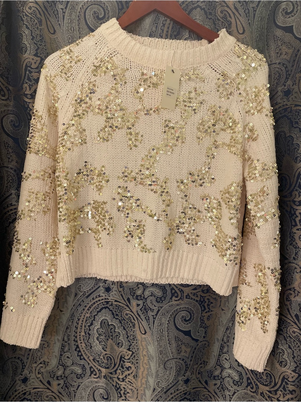 NWT Idem Ditto Gold Sequin-Embellished Cream Cropped Sweater Size M/L
